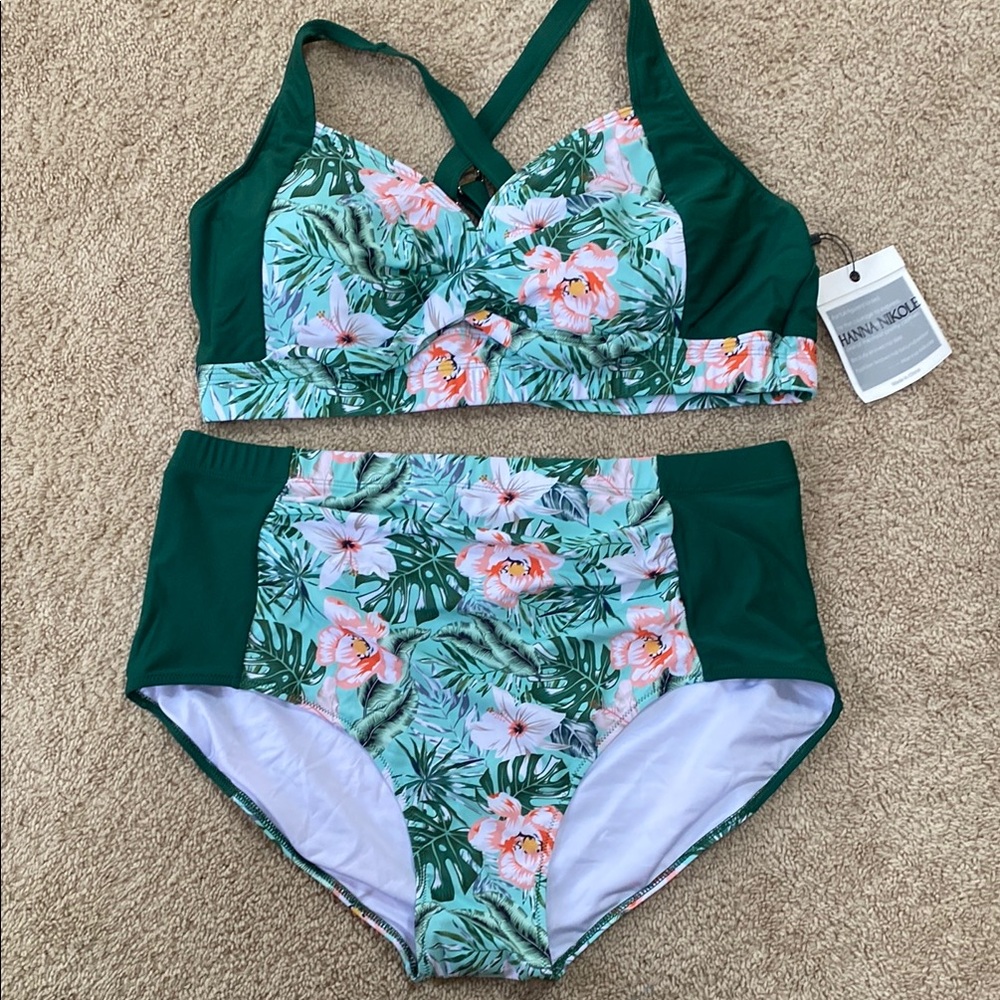 Hawaiian Style Green Floral Bikini Set